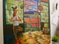 Whimsical Heritage Original Painting Art, of Singapore girl travelling in Japan Tokyo doing yoga and yearning for Singaporean peranakan food