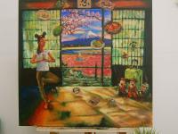 Whimsical Heritage Original Painting Art, of Singapore girl travelling in Japan Tokyo doing yoga and yearning for Singaporean peranakan food