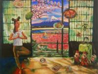 Whimsical Heritage Original Painting Art, of Singapore girl travelling in Japan Tokyo doing yoga and yearning for Singaporean peranakan food