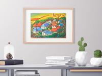 El Camino Art Prints A4 - O Cebreiro Spain Village Landscape Paintings with whimsical houses in Galicia on Way of St James for hiker pilgrims