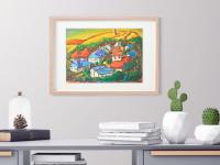 4 El Camino Art Prints - O Cebreiro Spain Village Landscape Paintings with whimsical houses in Galicia on Way of St James for hiker pilgrims