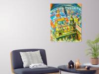 Bell City - Spain Cadiz Oil Painting, bright original impressionist semi-abstract art of surreal  Spanish architectural landscape scenery