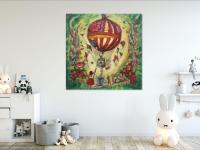 Up And Away -Whimsical Vintage Hot Air Balloon Original Painting with little girl & cat, birdcage, angels, roses, in sweet fairytale fantasy