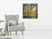 Magic Forest Trees Landscape Original Art Canvas Painting with running little Girl and Dog on a sunlight path of whimsical woods and animals