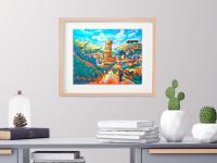 9 Camino de Santiago Art Prints - Picturesque Arrival, Spanish landscape whimsical impressionist paintings of Spain El Camino in Cezanne style