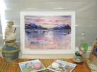 Dreamcatcher - Icelandic sunset abstract landscape watercolor painting art of Iceland Akureyri with snow mountains coastal water reflections