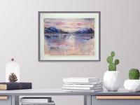 Dreamcatcher - Icelandic sunset abstract landscape watercolor painting art of Iceland Akureyri with snow mountains coastal water reflections