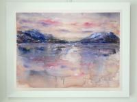 Dreamcatcher - Icelandic sunset abstract landscape watercolor painting art of Iceland Akureyri with snow mountains coastal water reflections