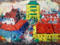 Singapore Shophouses Landscape Oil Painting Art with Bright Orange Rooftops - Impressionist Mood - Vibrant Home Decor - Unique Artwork