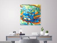 Jeju Boats - Abstract Impressionist Original Oil Painting Fine Art of korean fishing boats, blue sea art in colorful vibrant whimsical style