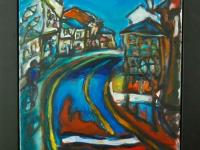 Lonely Road - Camino de Santiago Oil Painting chagall style art of whimsical houses in cool blue surreal night landscape for hiker traveler