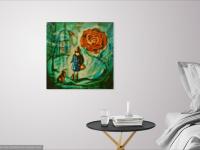Girl and Dog - Impressionist Original Painting - Whimsical City Scene - Vintage Rose Symbol - Little Girl - Dreamlike Art - Artistic Delight