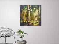 Magic Forest Trees Landscape Original Art Canvas Painting with running little Girl and Dog on a sunlight path of whimsical woods and animals