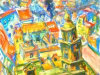 Bell City - Spain Cadiz Oil Painting, bright original impressionist semi-abstract art of surreal Spanish architectural landscape scenery