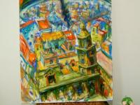 Bell City - Spain Cadiz Oil Painting, bright original impressionist semi-abstract art of surreal  Spanish architectural landscape scenery