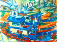 Jeju Boats - Abstract Impressionist Original Oil Painting Fine Art of korean fishing boats, blue sea art in colorful vibrant whimsical style
