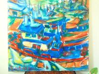 Jeju Boats - Abstract Impressionist Original Oil Painting Fine Art of korean fishing boats, blue sea art in colorful vibrant whimsical style