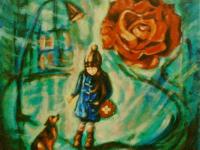 Girl and Dog - Impressionist Original Painting - Whimsical City Scene - Vintage Rose Symbol - Little Girl - Dreamlike Art - Artistic Delight