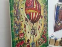 Up And Away -Whimsical Vintage Hot Air Balloon Original Painting with little girl & cat, birdcage, angels, roses, in sweet fairytale fantasy