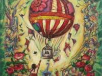 Up And Away -Whimsical Vintage Hot Air Balloon Original Painting with little girl & cat, birdcage, angels, roses, in sweet fairytale fantasy