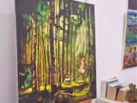 Magic Forest Trees Landscape Original Art Canvas Painting with running little Girl and Dog on a sunlight path of whimsical woods and animals