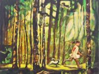 Magic Forest Trees Landscape Original Art Canvas Painting with running little Girl and Dog on a sunlight path of whimsical woods and animals