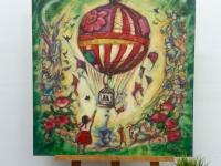 Up And Away -Whimsical Vintage Hot Air Balloon Original Painting with little girl & cat, birdcage, angels, roses, in sweet fairytale fantasy