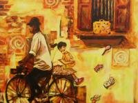 My Schoolbag -little girl on bicycle to school original art nostalgic painting of childhood memory, whimsical chinese heritage street window