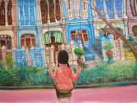 Emerald Hill Shophouses Oil Painting: Singapore Peranakan Heritage Street at Orchard Road with Little Nonya Girl on Swing