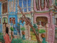 Emerald Hill Shophouses Oil Painting: Singapore Peranakan Heritage Street at Orchard Road with Little Nonya Girl on Swing