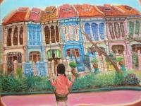 Emerald Hill Shophouses Oil Painting: Singapore Peranakan Heritage Street at Orchard Road with Little Nonya Girl on Swing