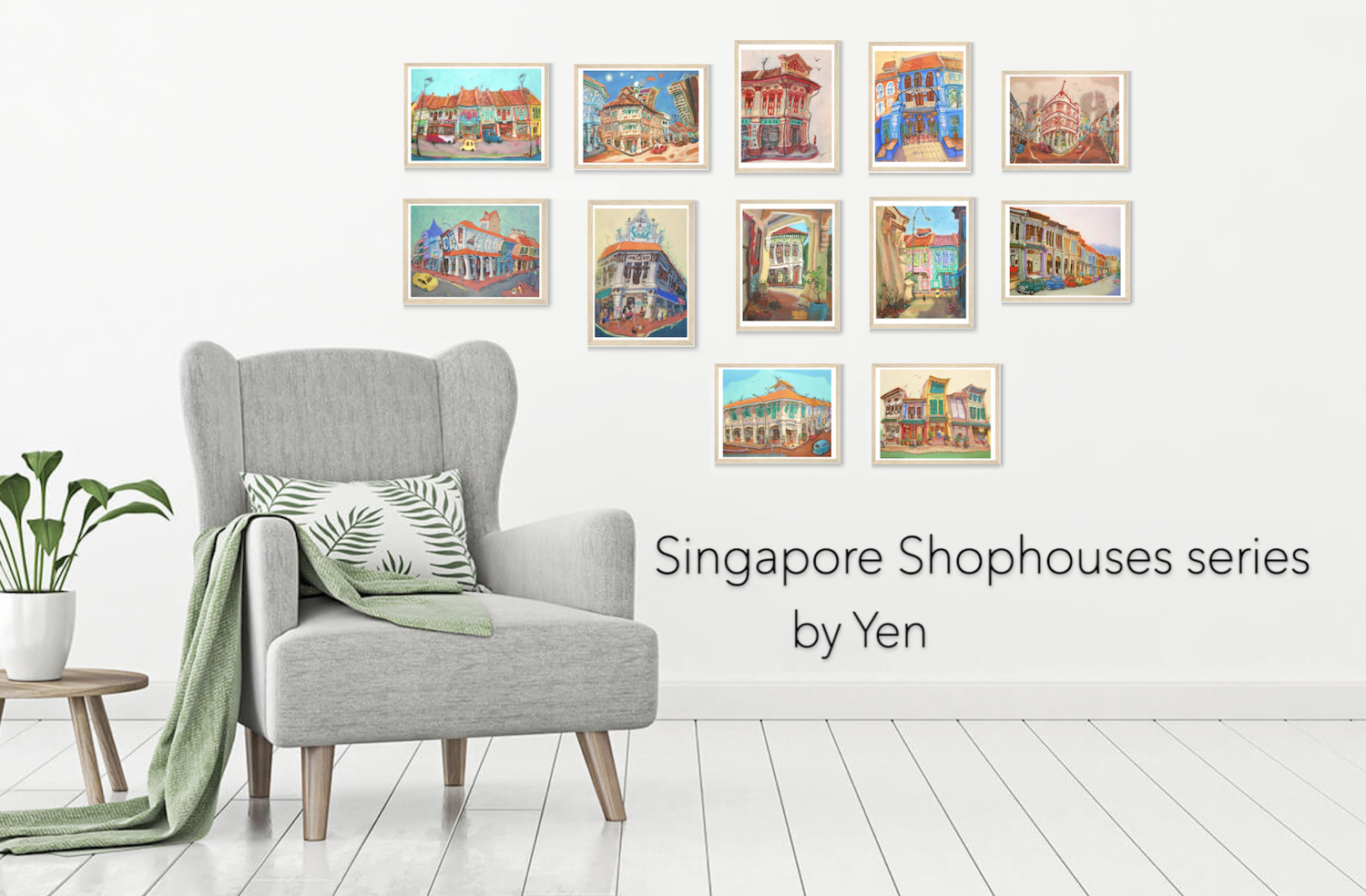 Singapore Art Poster of Katong Shophouses Street Painting with Traditional Peranakan Rumah Bebe Shop, a Vibrant Asia Travel Souvenir Print