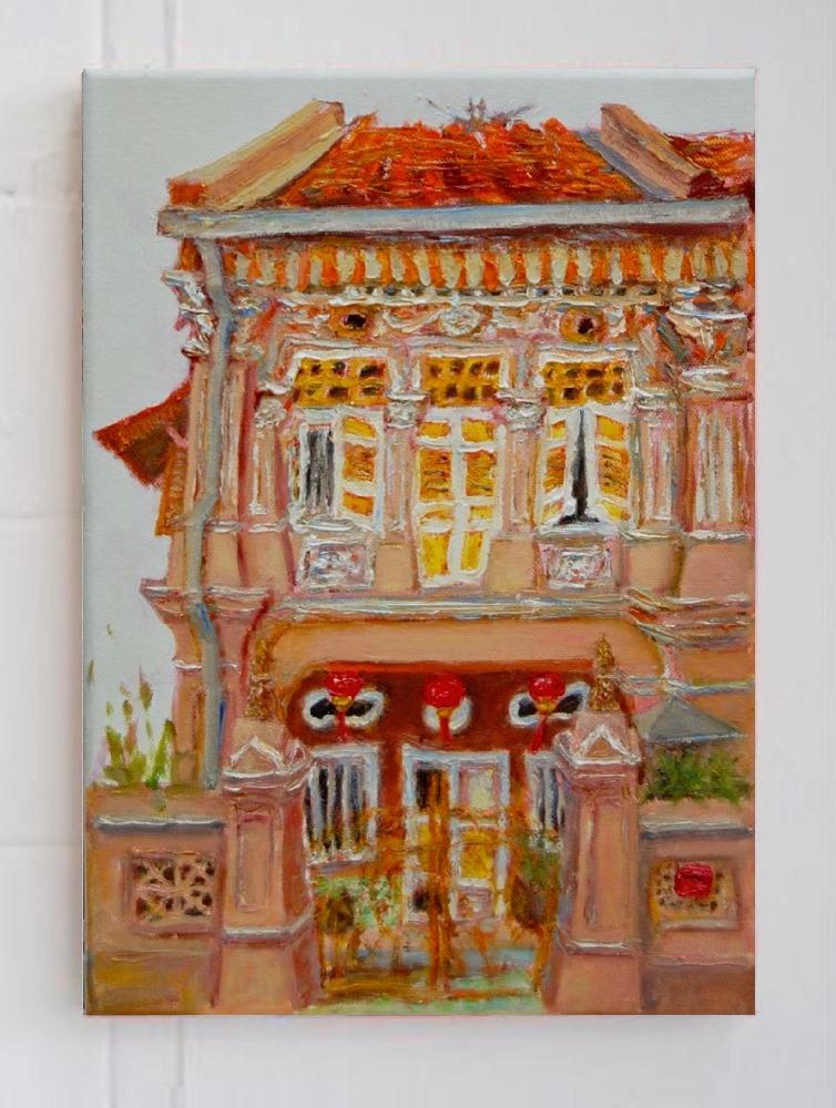 1 - Amber chinese peranakan shophouse oil painting at Singapore city most colorful picturesque street of colonial houses in vibrant pastels -PH1