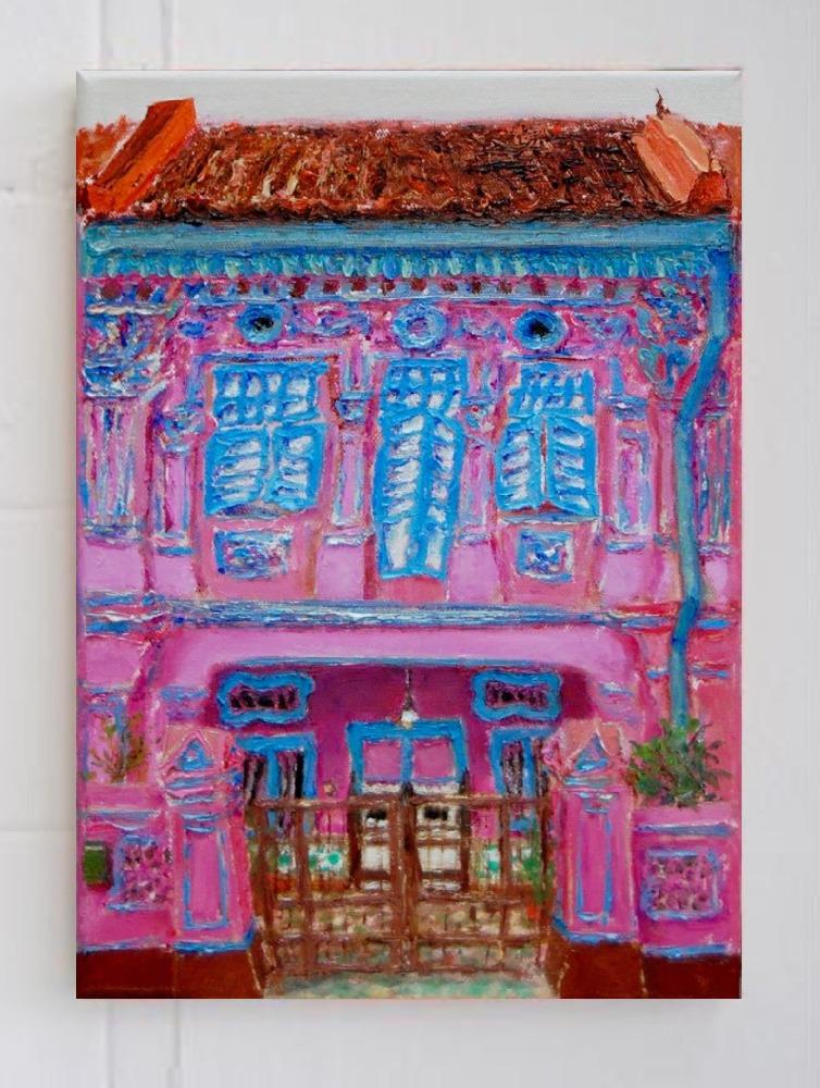 2 - Pink Peranakan Shophouse Oil Painting - Most Colorful and Picturesque Street in Singapore City - 8-Row Art Series - Singapore Gift -PH2