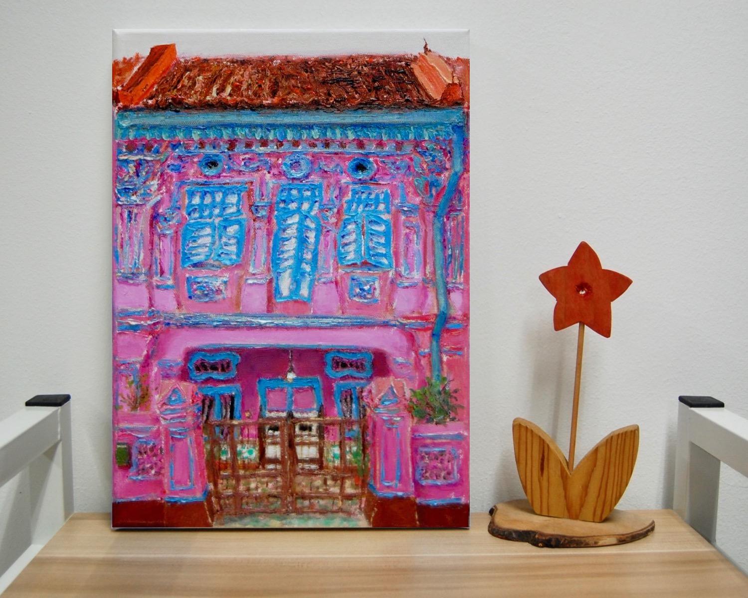 2 - Pink Peranakan Shophouse Oil Painting - Most Colorful and Picturesque Street in Singapore City - 8-Row Art Series - Singapore Gift -PH2