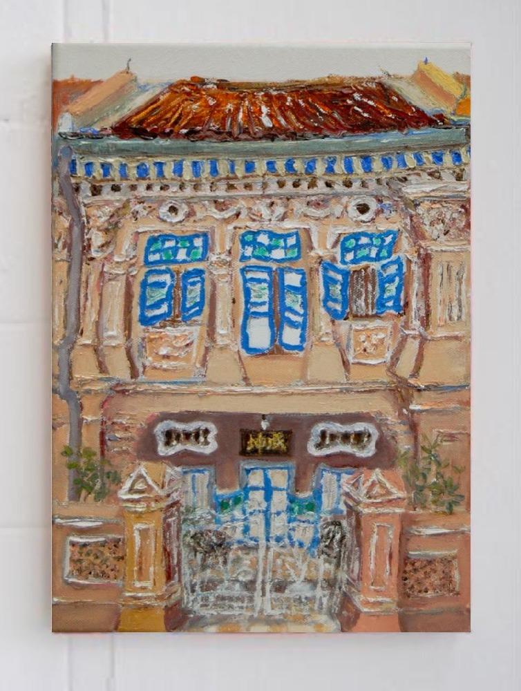 3 - Biege Peranakan Shophouse Oil Painting - Singapore City Heritage Artwork for Home Decor - 8-Row Art Collection - Singapore Souvenir -PH3