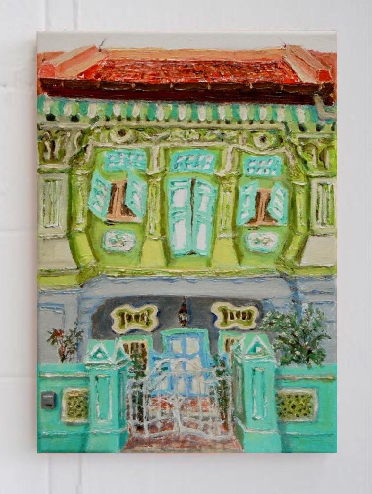 4 - Green chinese peranakan shophouse oil painting at Singapore city most colorful picturesque street of colonial houses in vibrant pastels -PH4