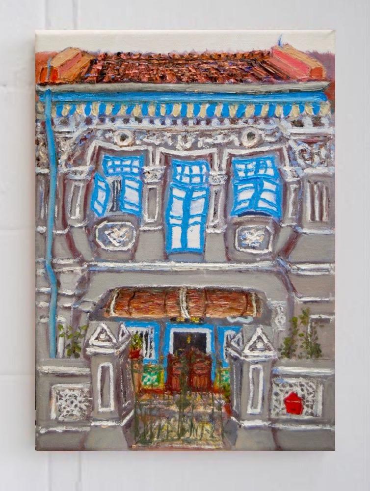 5 - Grey Peranakan Shophouse Oil Painting - Singapore City Heritage Artwork for Home Decor - 8-Row Art Collection - Singapore Souvenir -PH5