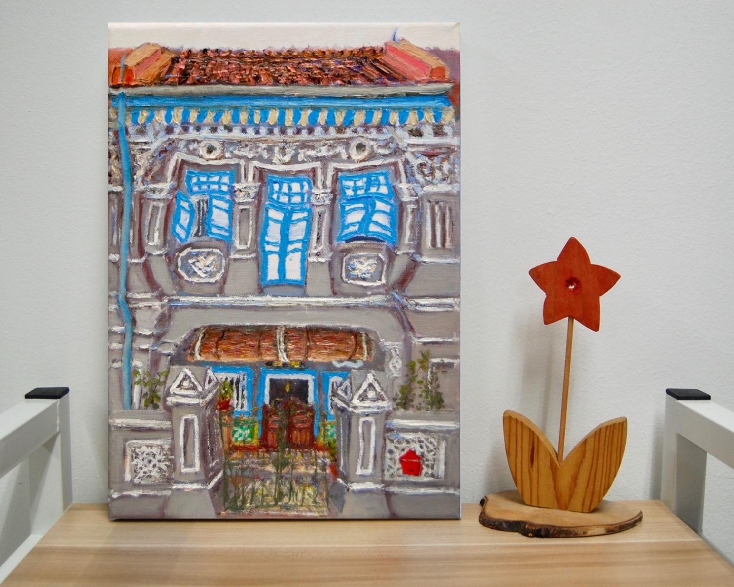 5 - Grey Peranakan Shophouse Oil Painting - Singapore City Heritage Artwork for Home Decor - 8-Row Art Collection - Singapore Souvenir -PH5