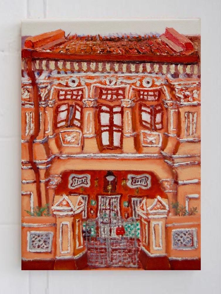 6 - Orange chinese peranakan shophouse oil painting at Singapore city most colorful picturesque street of colonial houses in vibrant pastels -PH6