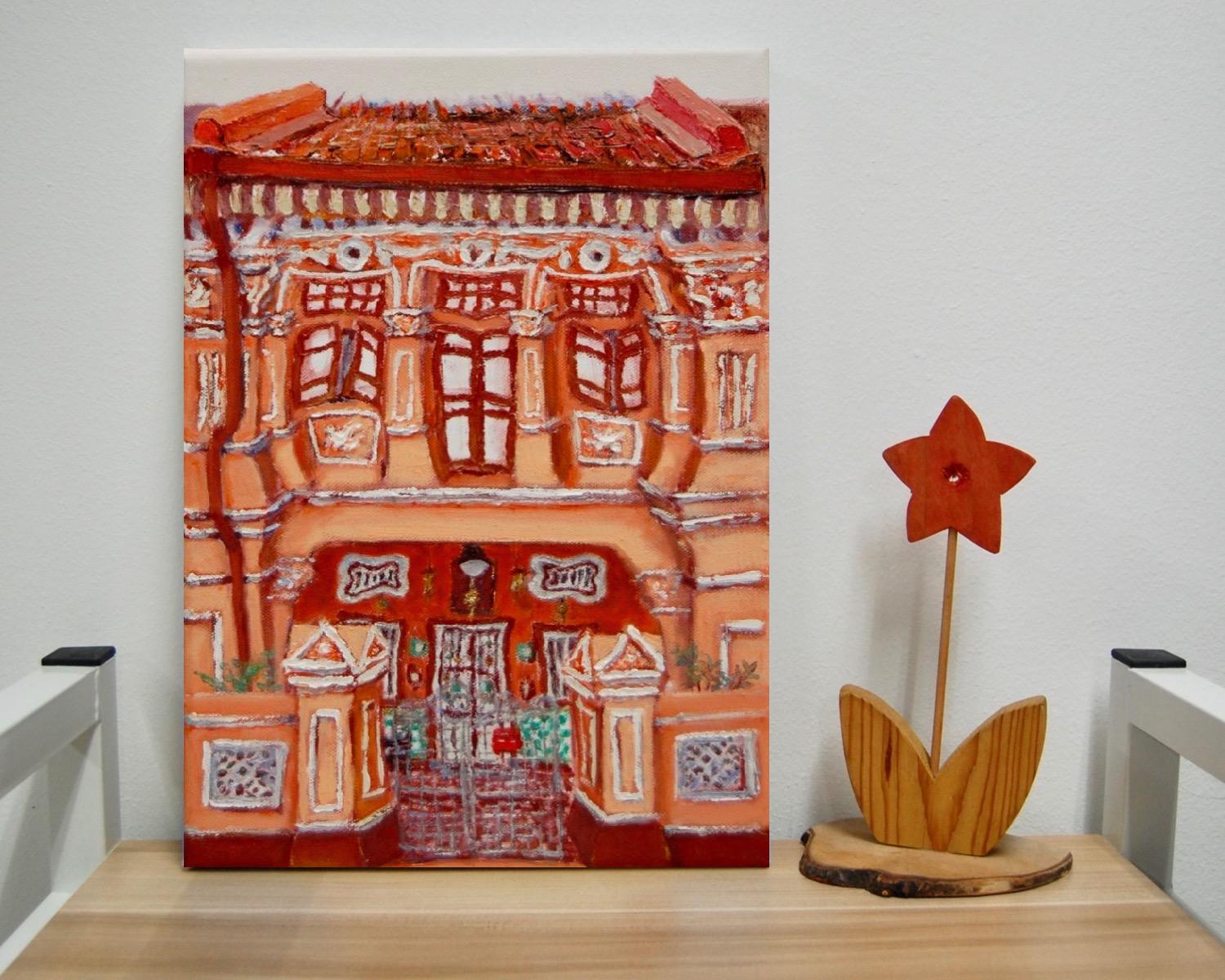 6 - Orange Peranakan Shophouse Oil Painting - Singapore City Heritage Artwork for Home Decor - 8-Row Art Collection - Singapore Souvenir -PH6