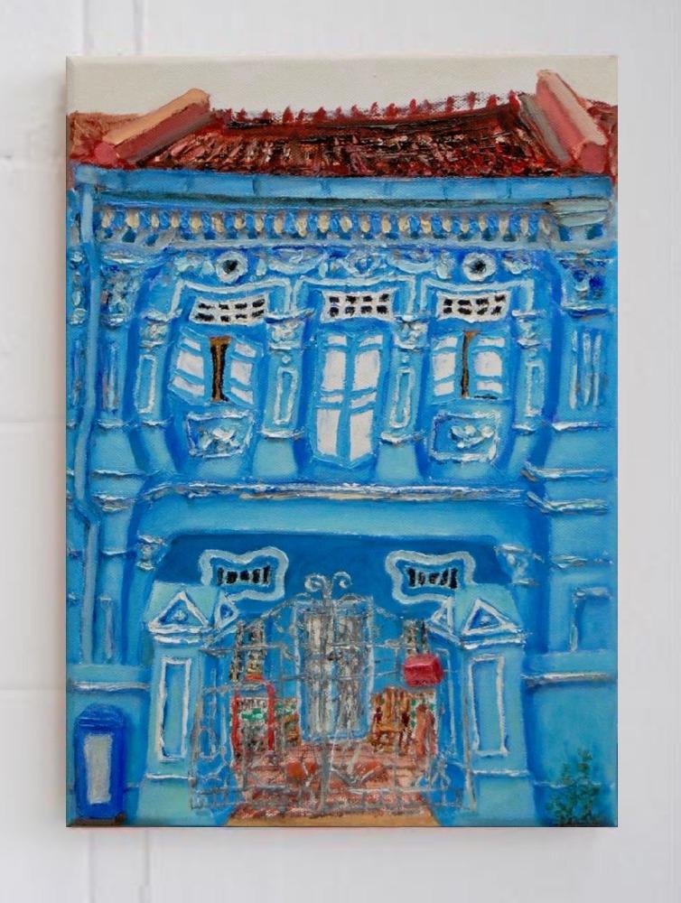 7 - Blue Peranakan Shophouse Oil Painting - Most Colorful and Picturesque Street in Singapore City - 8-Row Art Series - Singapore Gift -PH7