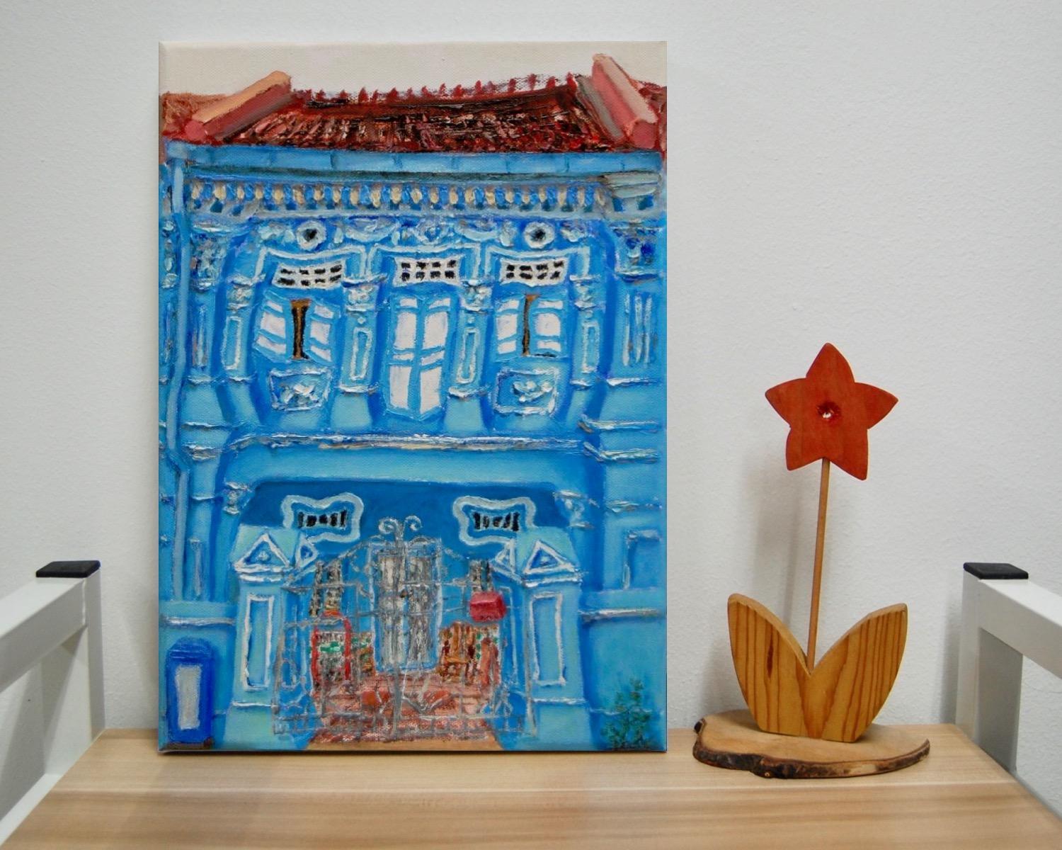 7 - Blue chinese peranakan shophouse oil painting at Singapore city most colorful picturesque street of colonial houses in vibrant pastels -PH7