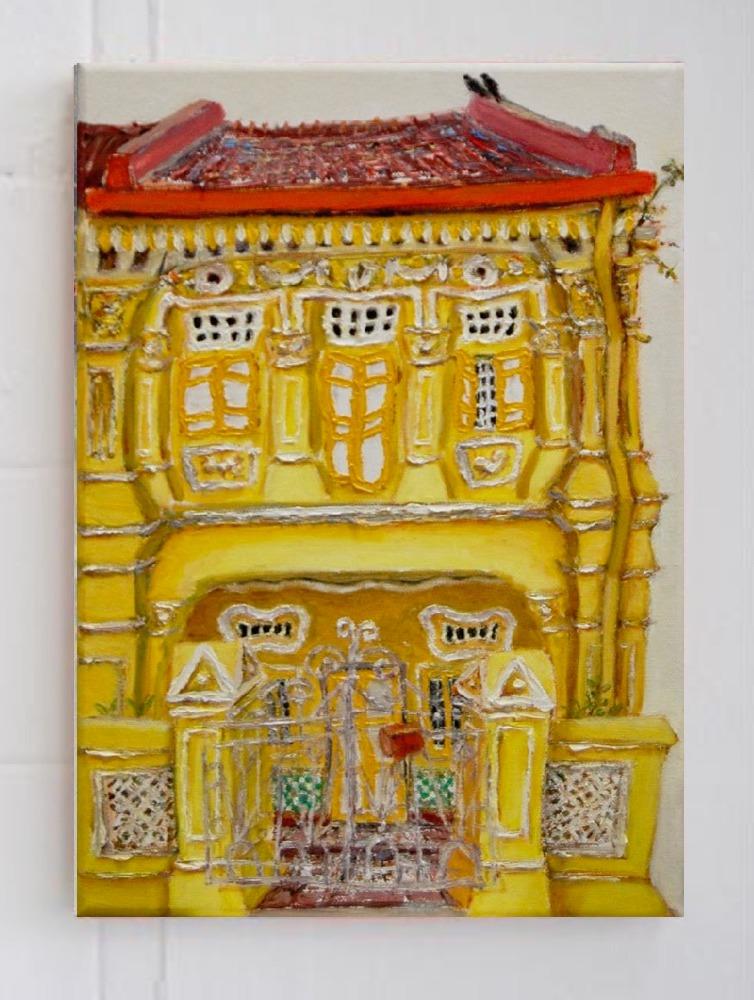 8 - Yellow chinese peranakan shophouse oil painting at Singapore city most colorful picturesque street of colonial houses in vibrant pastels -PH8