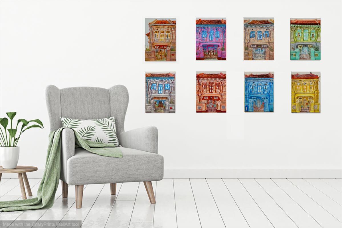 6 - Orange Peranakan Shophouse Oil Painting - Singapore City Heritage Artwork for Home Decor - 8-Row Art Collection - Singapore Souvenir -PH6