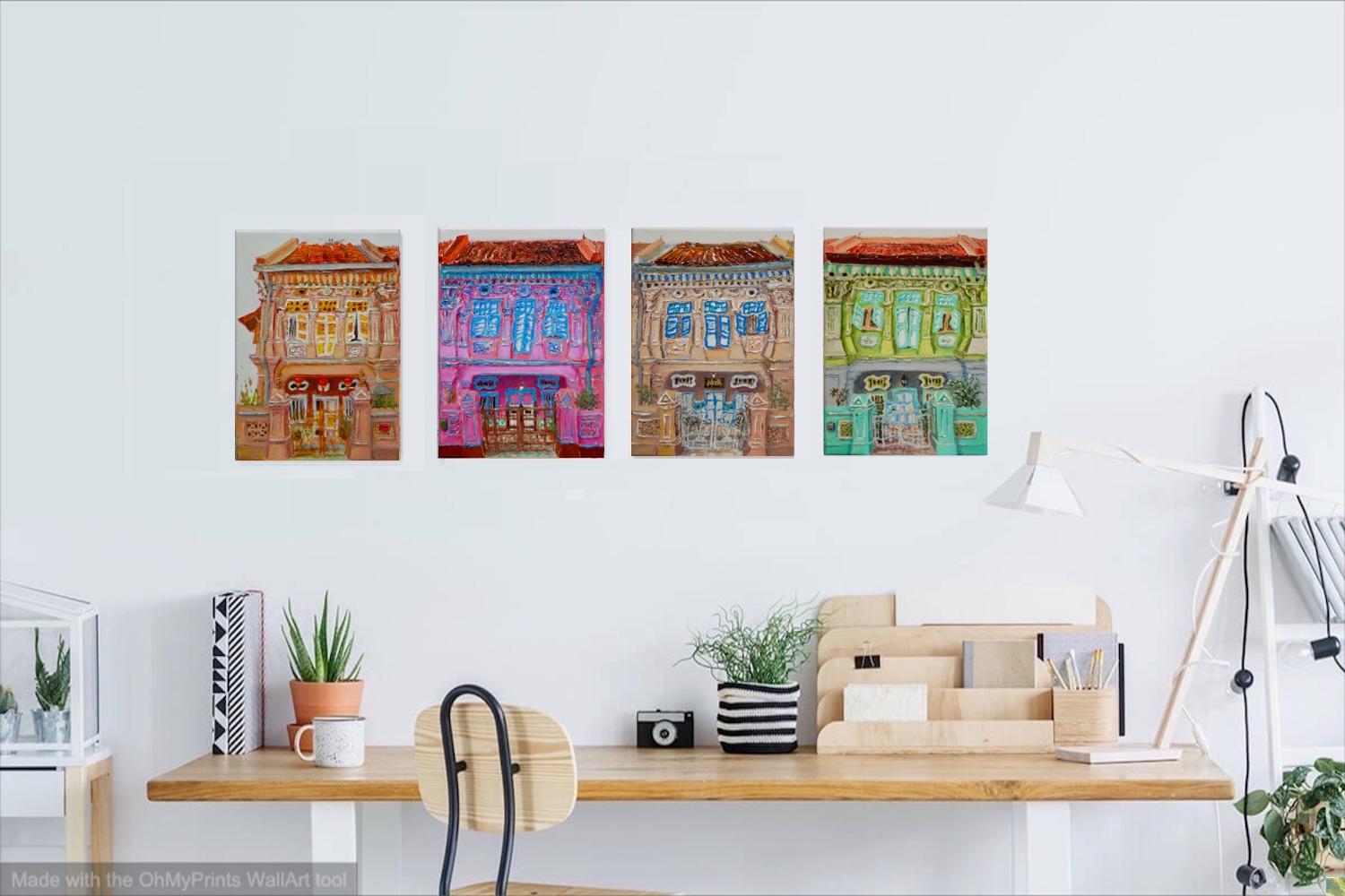 Vibrant Chinese Peranakan Shophouses Oil Paintings - Singapore City Heritage Artwork for Home Decor - 8-Row Art Collection - Singapore Gift -PH