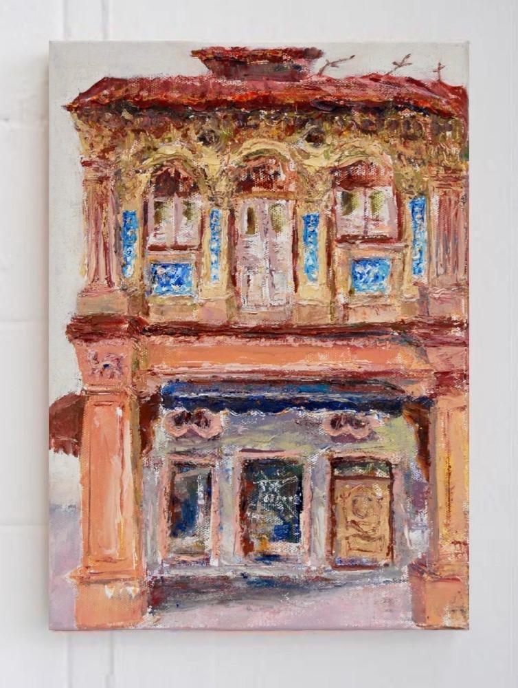 1 - Brick color impasto chinese shophouse oil painting at Singapore city heritage street of peranakan architecture in impressionist colors - SH1