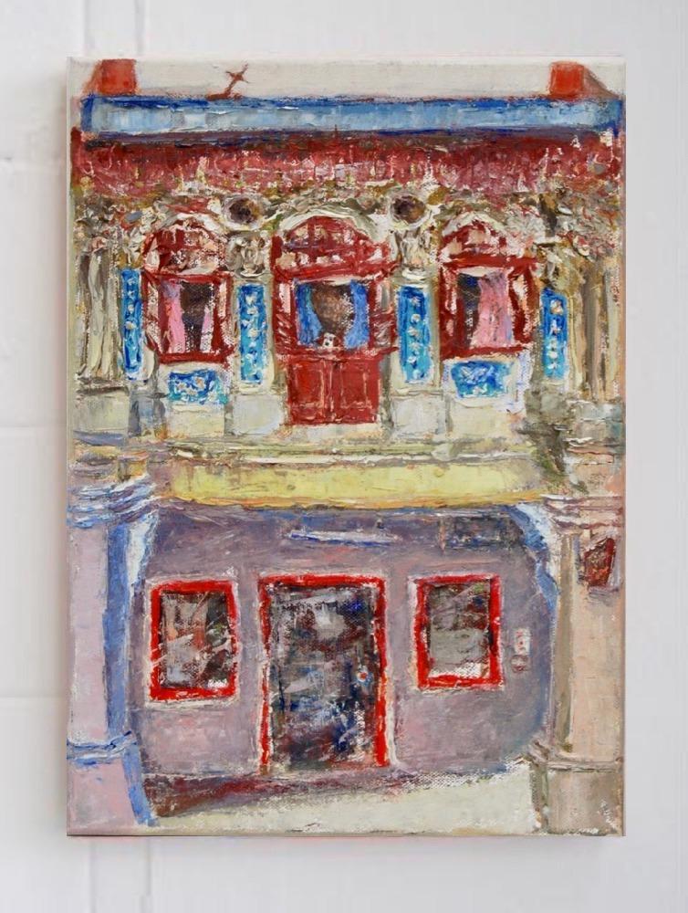 2 - Yellow pink impasto chinese shophouse oil painting at Singapore city heritage street of peranakan architecture in impressionist colors -SH2