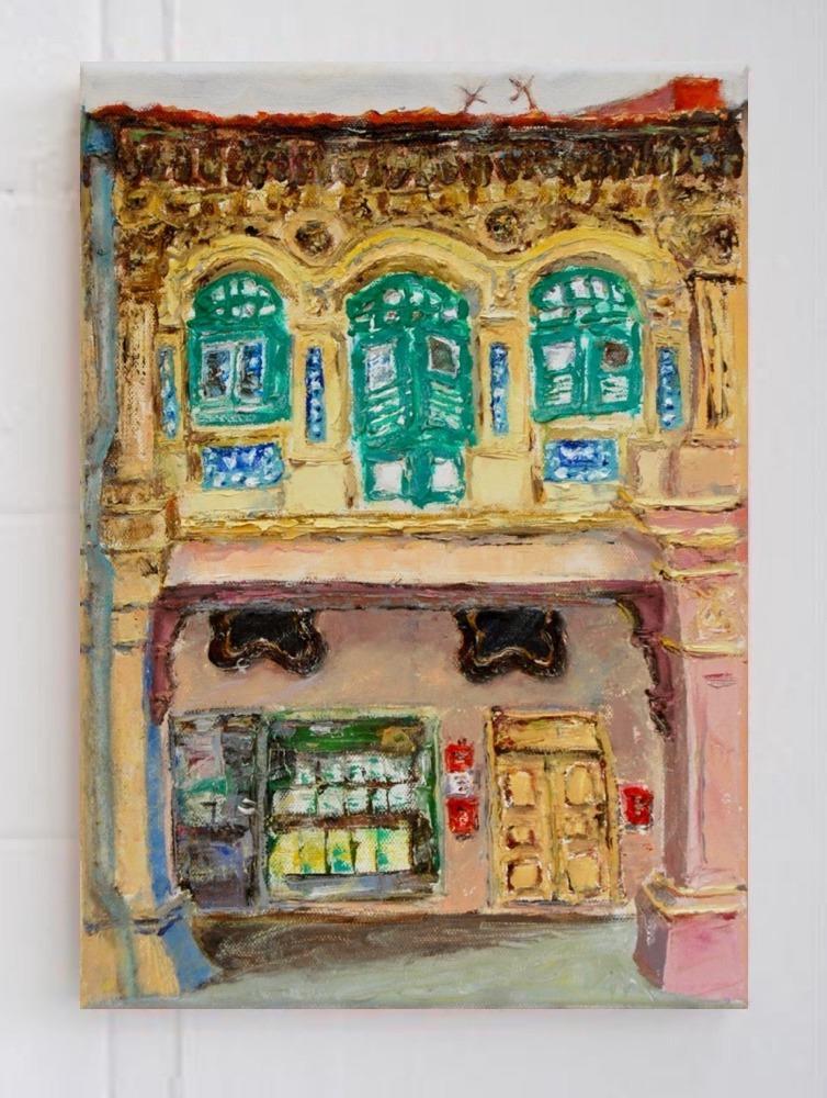3 - Yellow green impasto chinese shophouse oil painting at Singapore city heritage street of peranakan architecture in impressionist colors -SH3