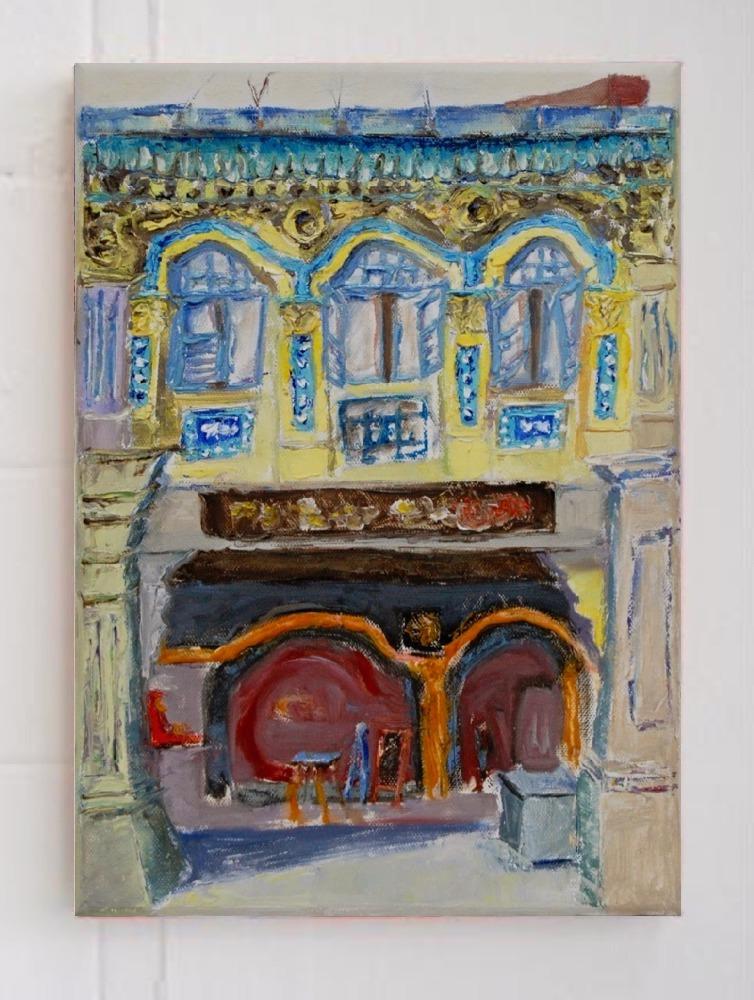 5 - Yellow black impasto chinese shophouse oil painting at Singapore city heritage street of peranakan architecture in impressionist colors -SH5